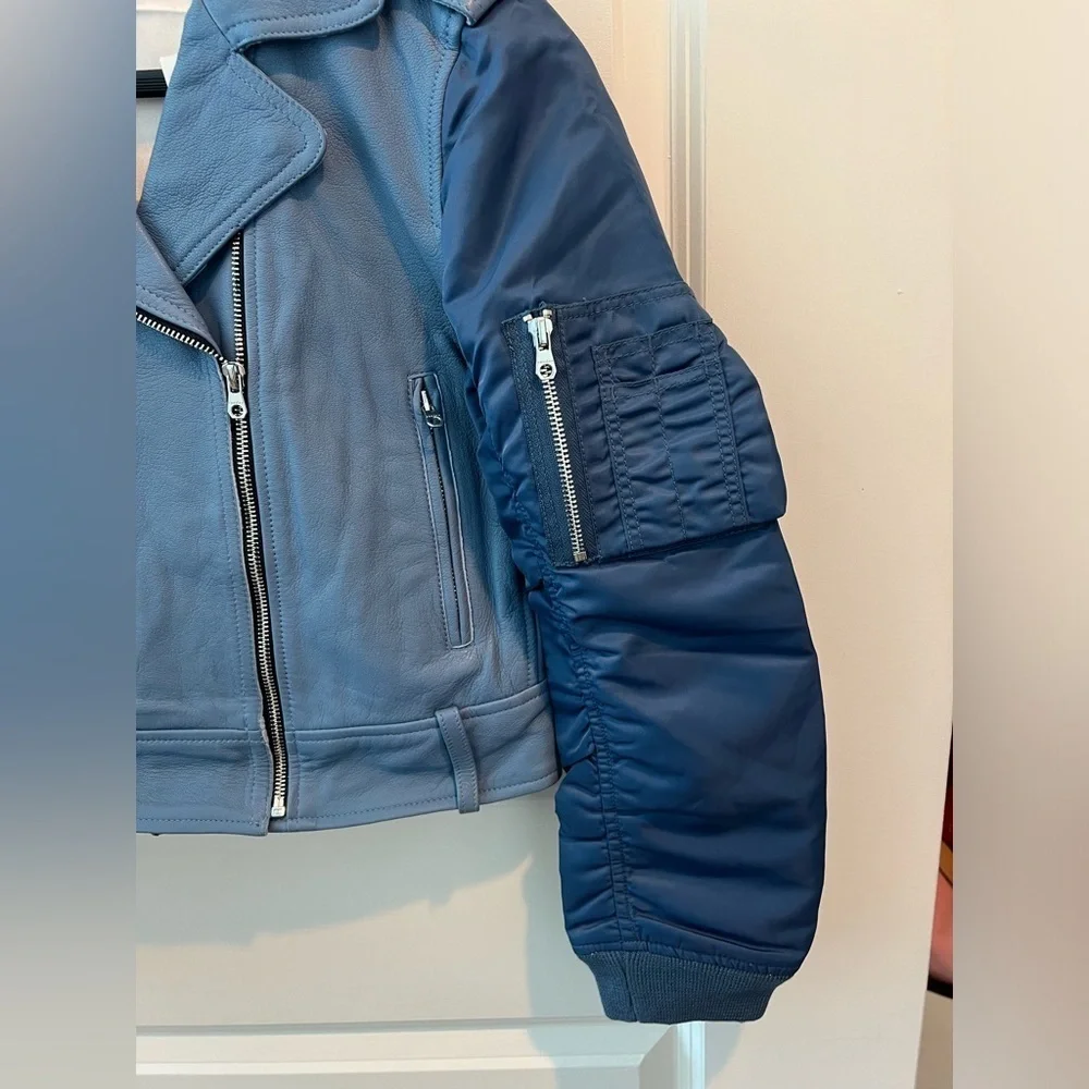 SANDRO Blue Ruched Shell-Paneled Sleeves Leather Goat Biker Jacket - Picture 4 of 16